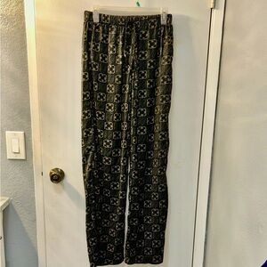 NWT BLESSED Black and Gold Patterned Monstera Print Drawstring Pants, Sz M